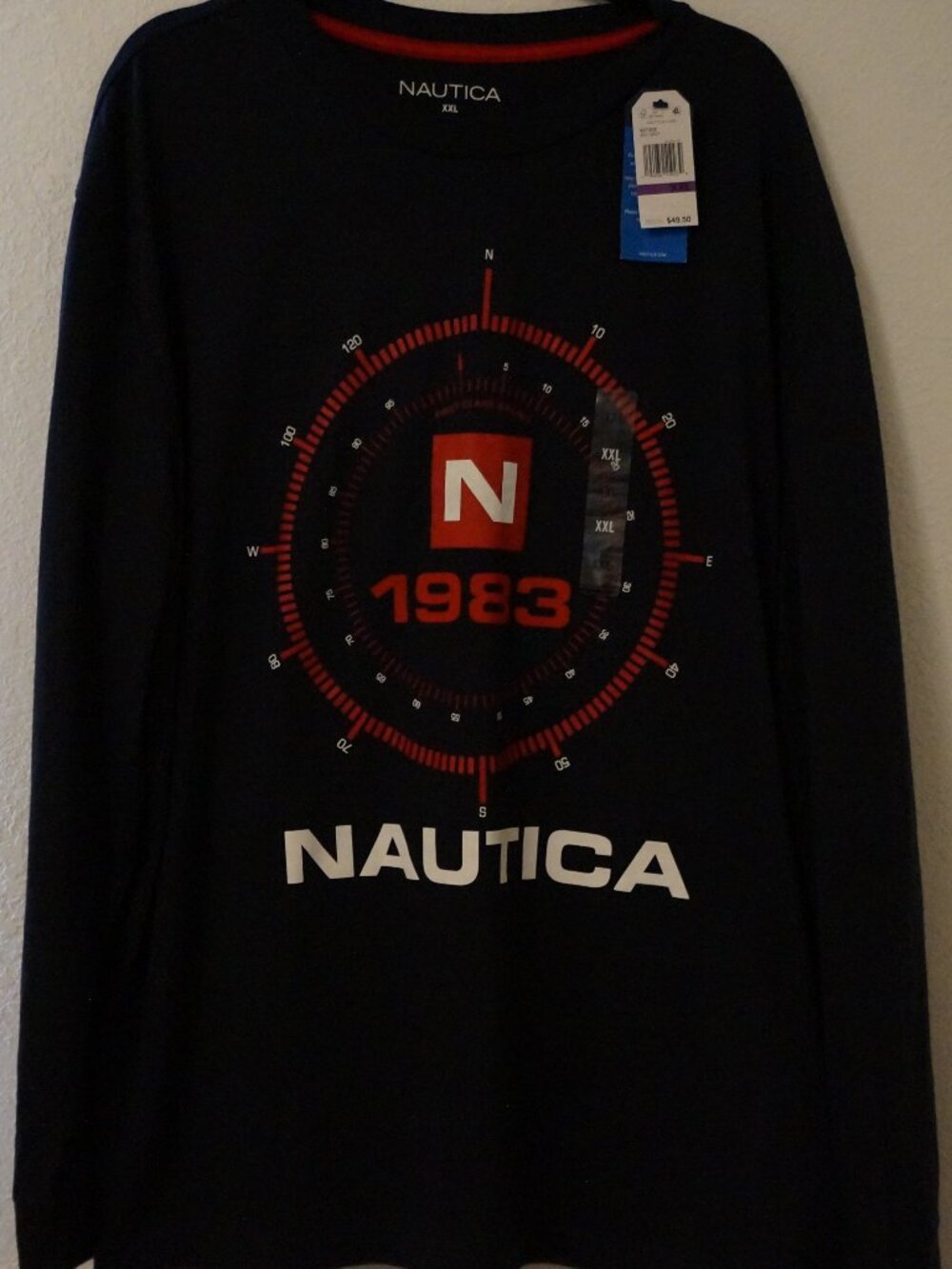 Men's Nautica graphic long-sleeve tee 1983 compass "First Class Sailing" #057